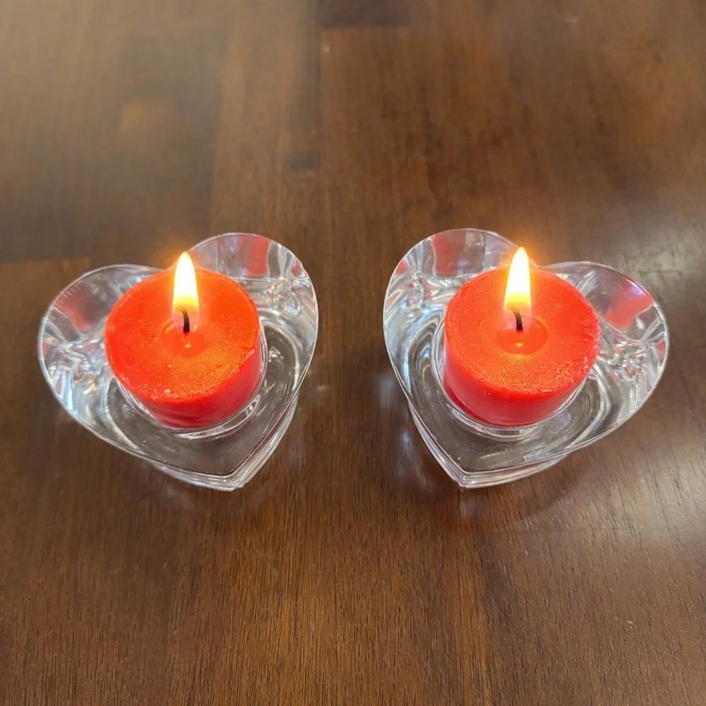 Crate & Barrel Heart-Shaped Glass Candle Holders with Red Candles